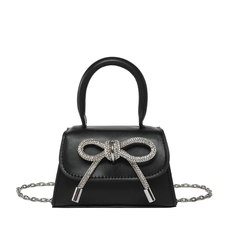 Bolso pequeño de color sólido con diseño de lazo, bolso de hombro de material PU, bandolera con tapa, cartera y bolso de cadena a la moda para mujer