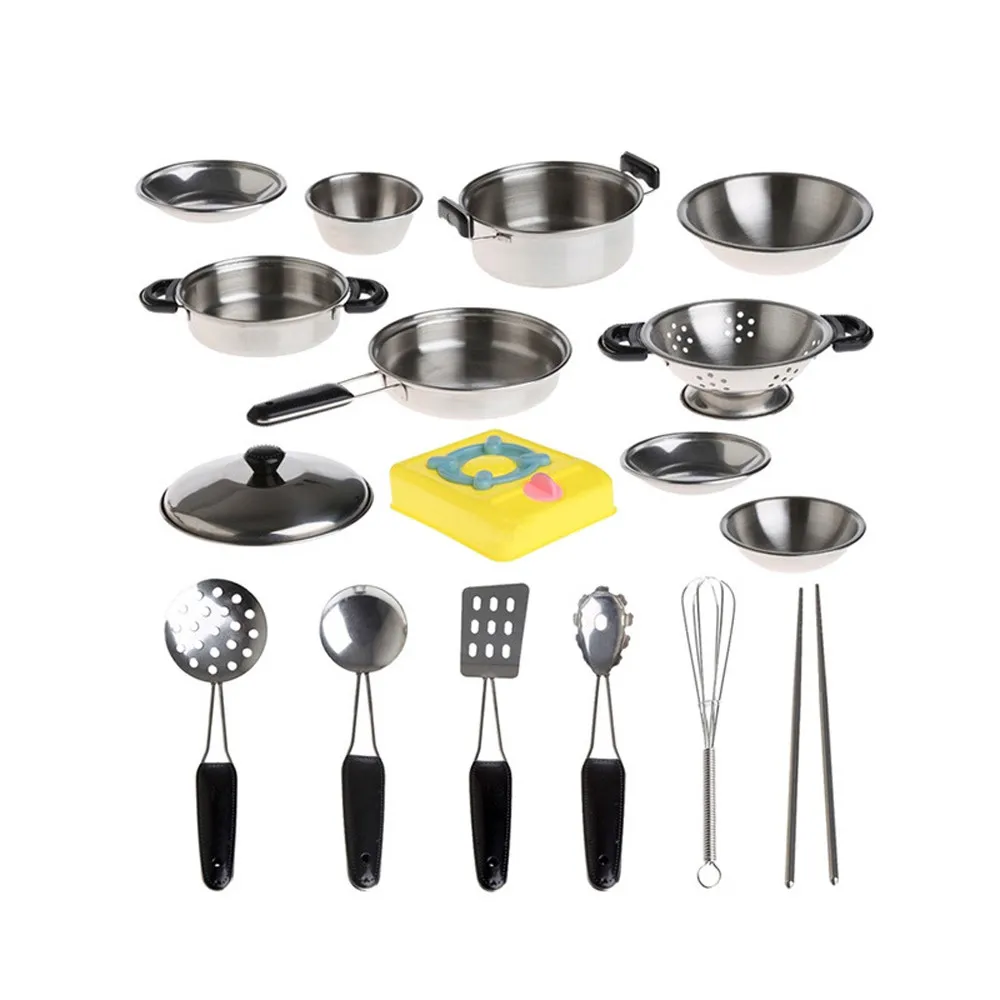 Utensílios de cozinha de metal 304, brinquedos de cozinha em aço inoxidável com panelas utensílios para cozinha, trabalho interno e externo, para