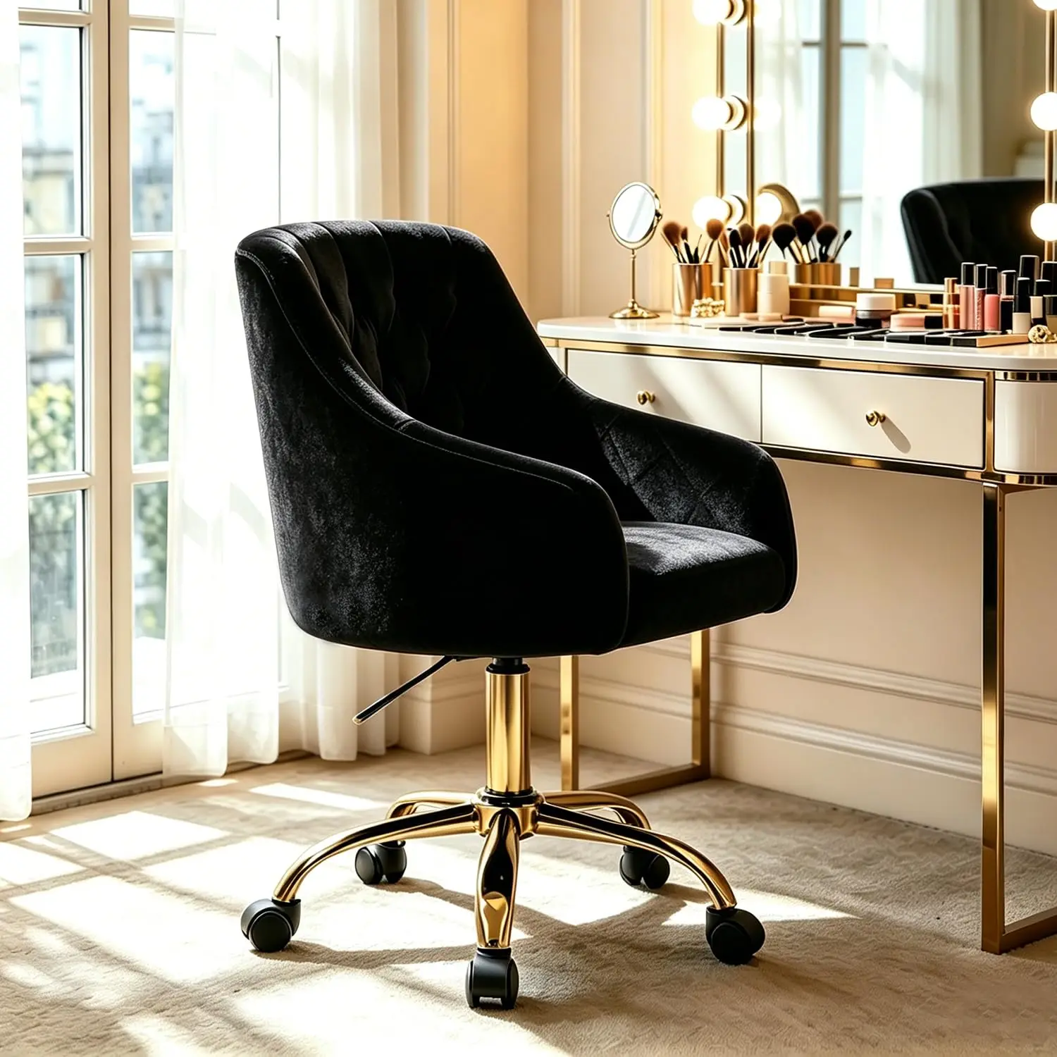 Velvet Office Swivel Chair, Fabric Desk Chair, Gold Office Chair for Girls, 360°Swivel Height