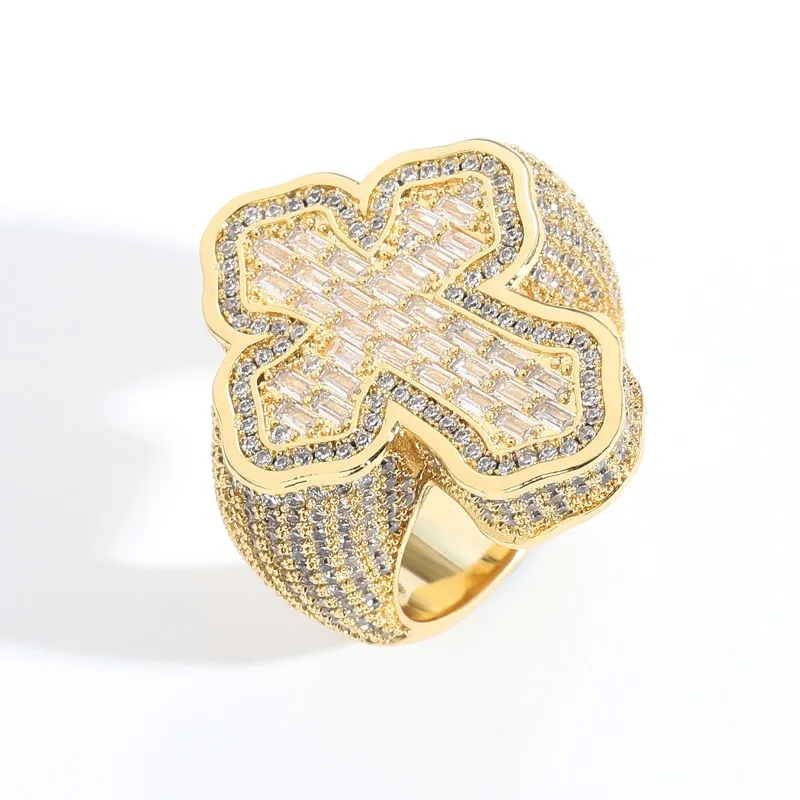 Hiphop Iced Out Baguette 5A Zircon Cross Men Ring 14k Gold Plated Maimi Bling Cubic Zirconia Pave Finger Rings Rapper Jewelry