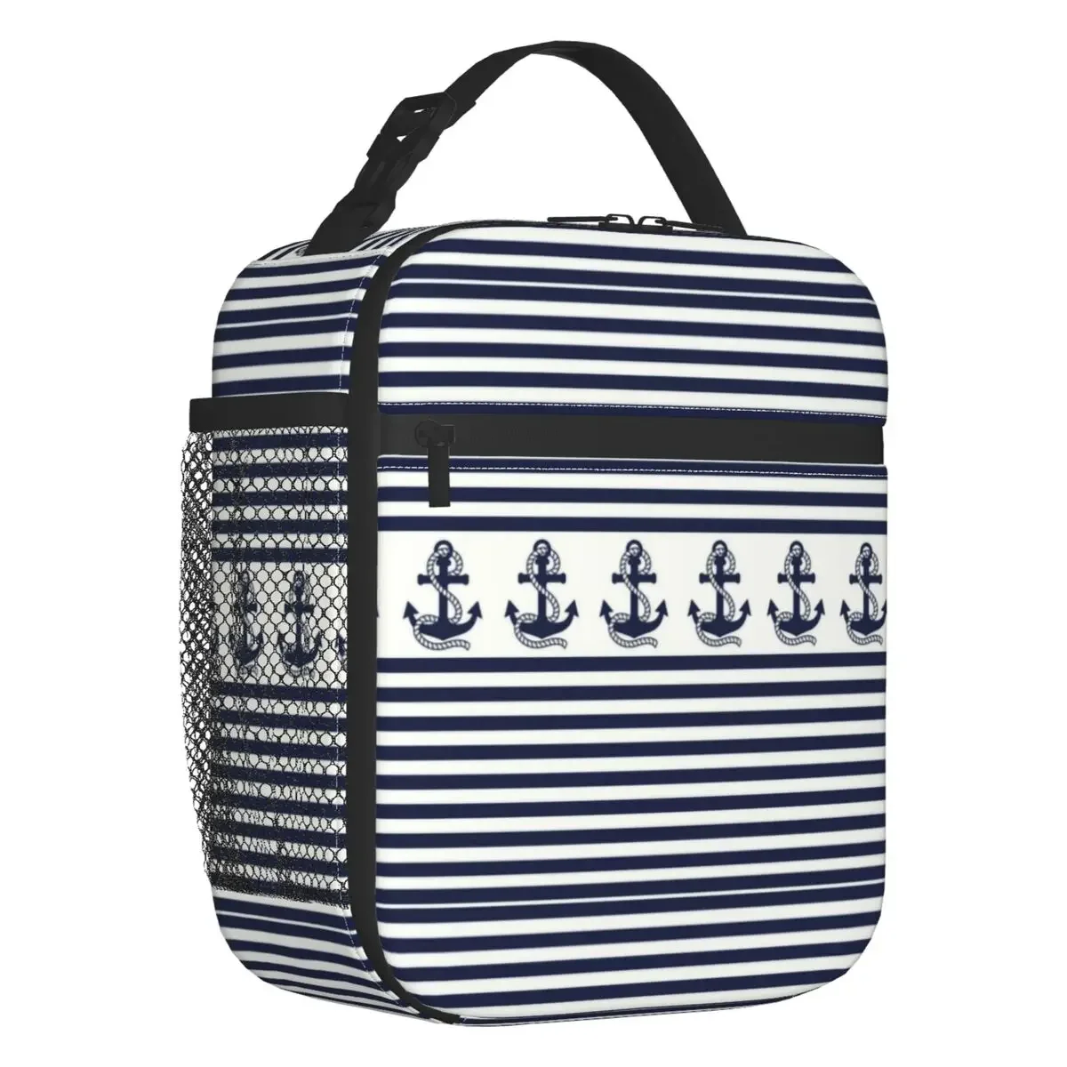 

Nautical Stripes With Navy Anchor Insulated Lunch Tote Bag Sailing Sailor Portable Cooler Thermal Bento Box Work School Travel