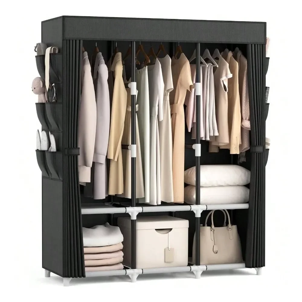

Closet Wardrobe Hanging Clothes Closet With Cover, 3 Hanging Rods, 6 Storage Shelves And Side Pocket, Diameter 19mm Metal Pipe,