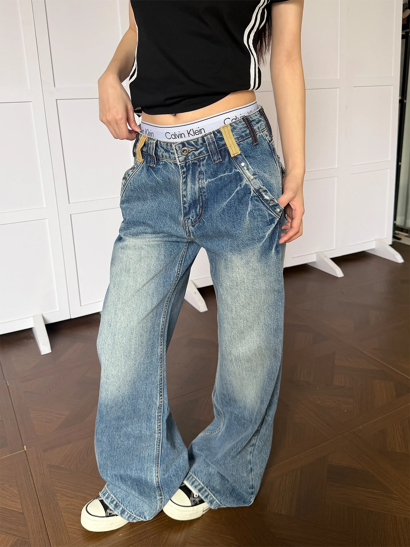 

Джинсы Don Cry Lightning Pattern Straight Leg с принтом, повседневные, свободные, женские, с пэчворком, с завышенной талией, длинные брюки