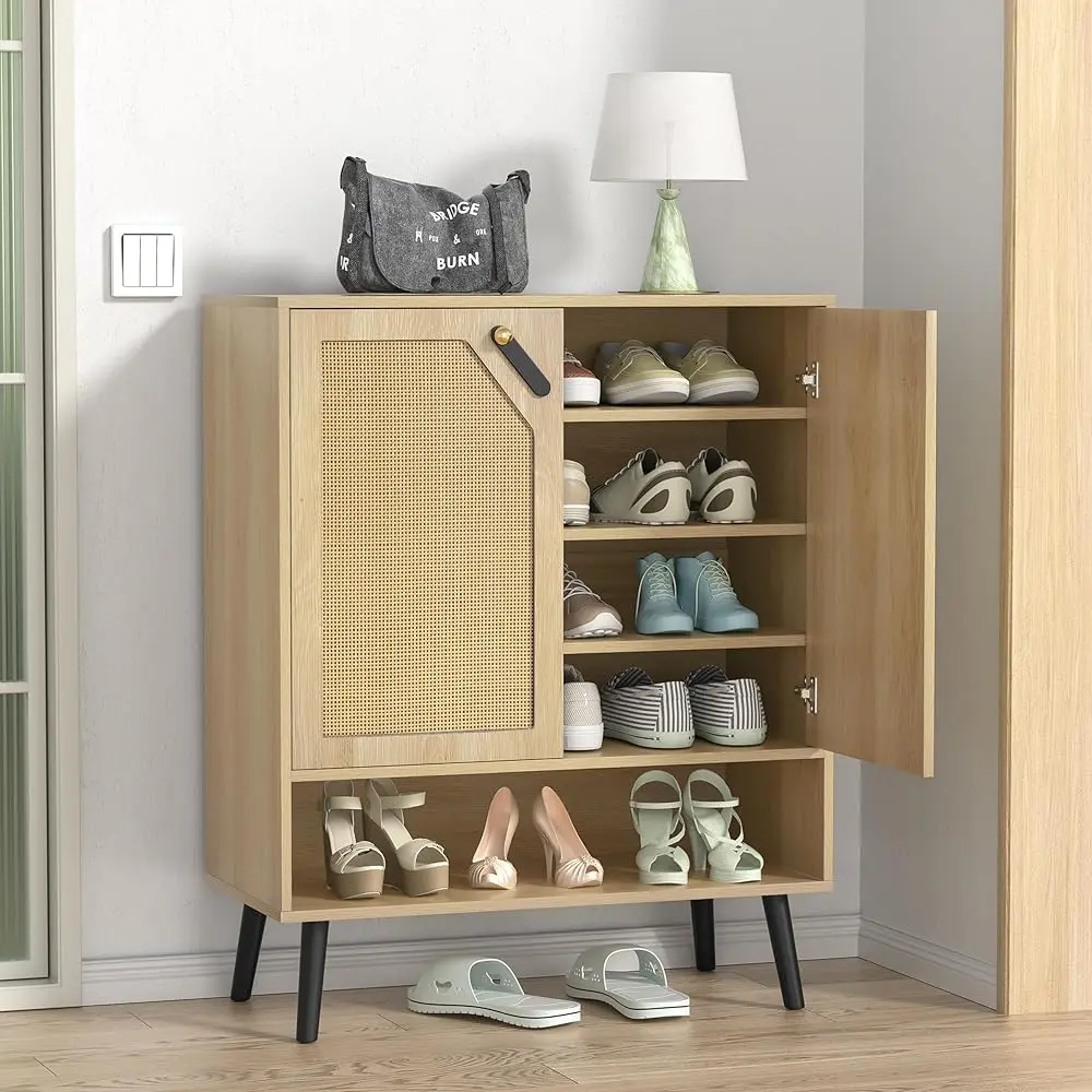 

Rattan Cabinet, 5-Tier Sideboard Storage Cabinet, 20 Pair Wood Shoe Storage Cabinet With Doors, Accent Cabinet With Adjustable