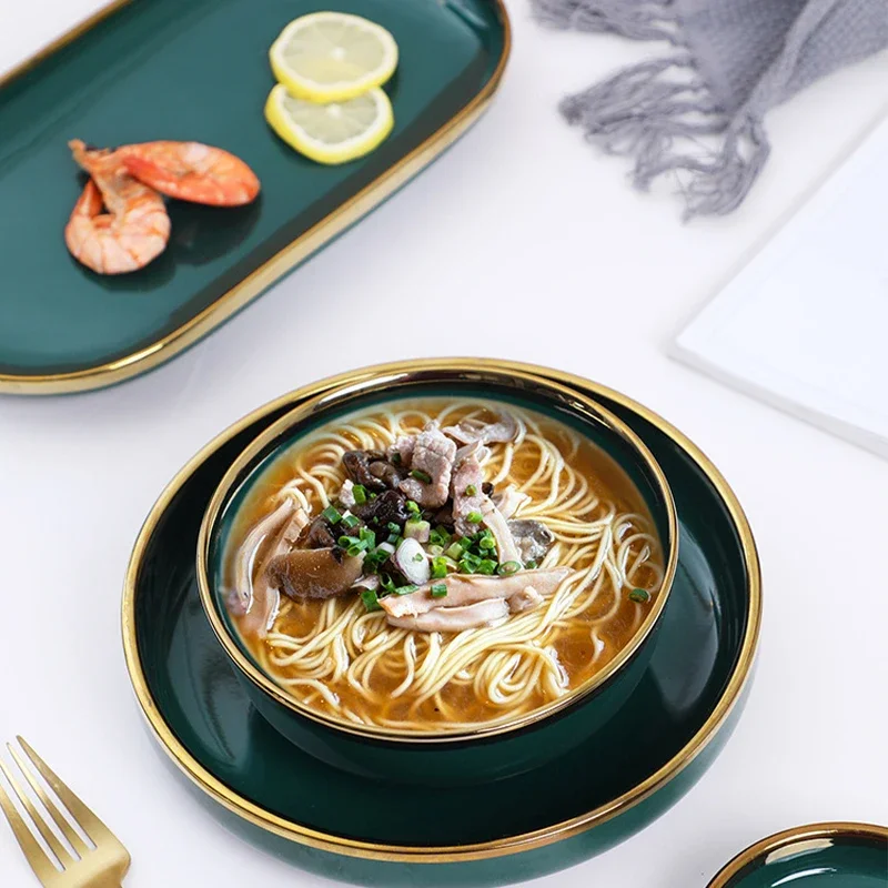 الفاخرة الذهب Edg الأخضر أدوات مائدة سيراميك مجموعات الغذاء طبق تقديم الحلوى سلطة وعاء الحساء متعدد نمط طبق منزلي اكسسوارات المطبخ #5