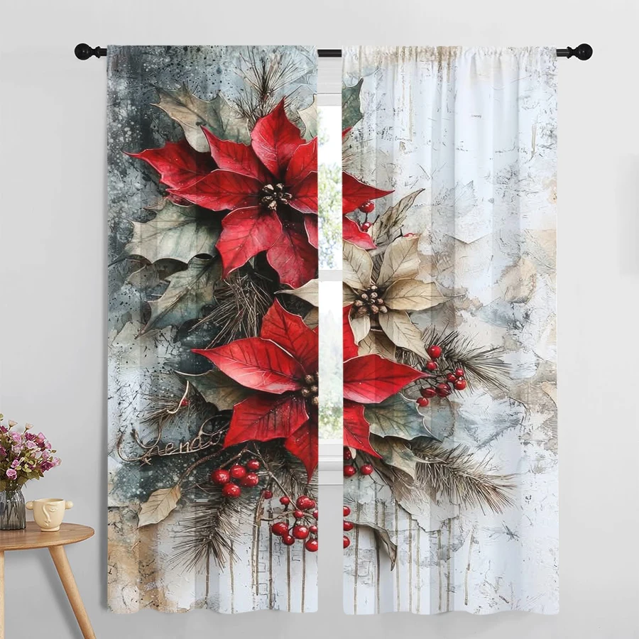 2PCS Christmas Poinsettia Flower Curtains, Vintage Red Floral Pine Branch Berry, Rustic Winter Holiday Window Drapes for Bedroom