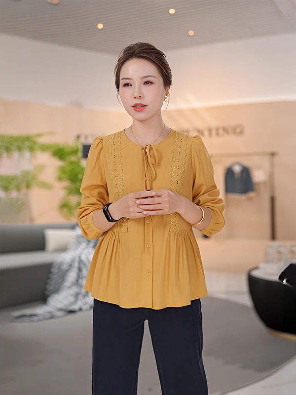 

Chic Lace Long Sve irt Dstring Thin Breathable Anti-Aging Top Ele Sle Linen Blend Polyester V-Ne Button Front