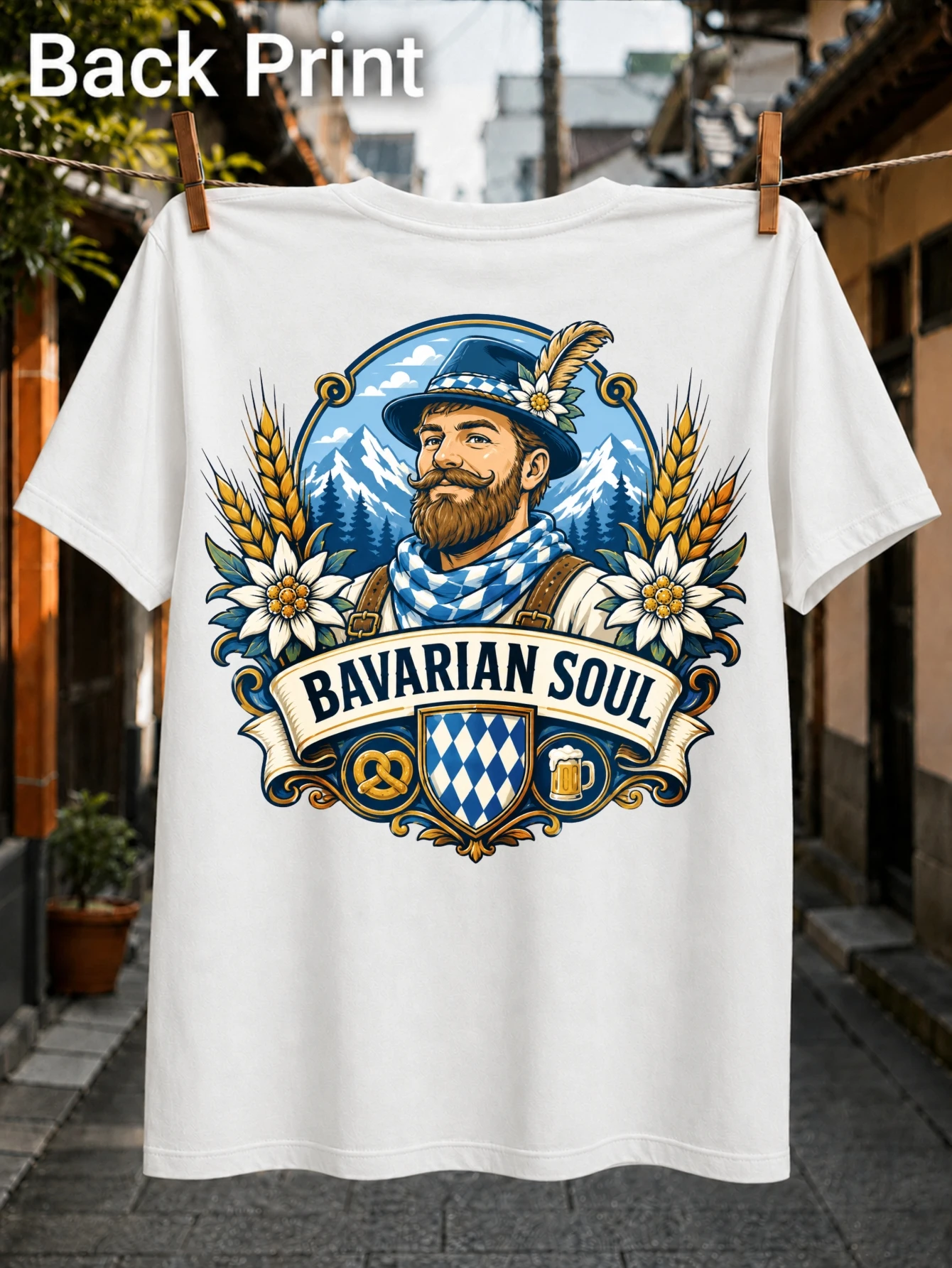 colorful BAVARIAN SOUL portrait with traditional Alps wheat edelweiss pretzel and beer Unisex All  Unisex All T-Shirt