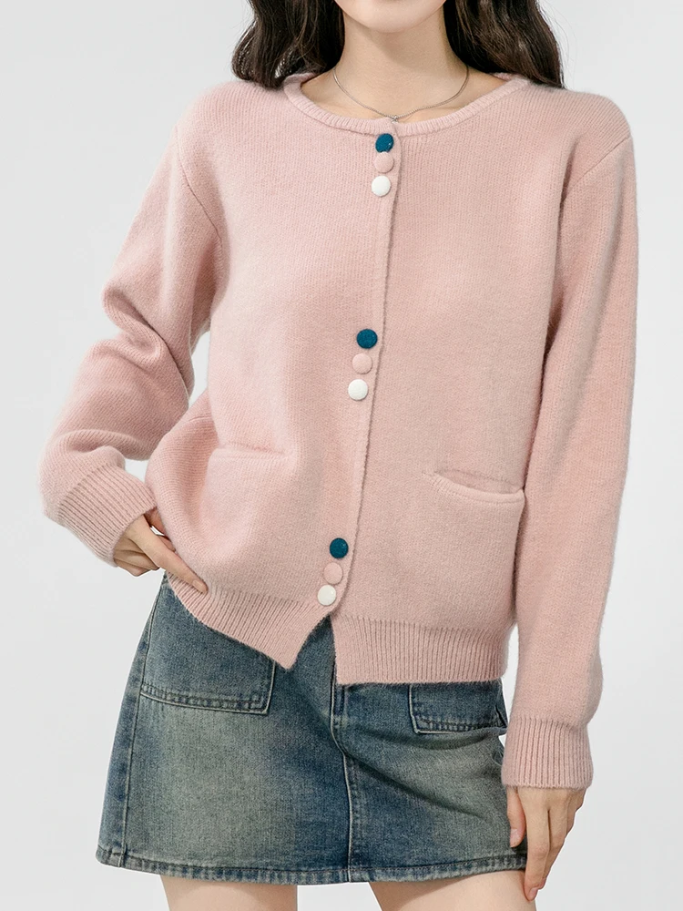 Women's Crew Neck Button Down Long Sleeve Cardigan Sweater Slim Pink Cardigans Tops Autumn Winter Outwear Korean Fashion Sweater