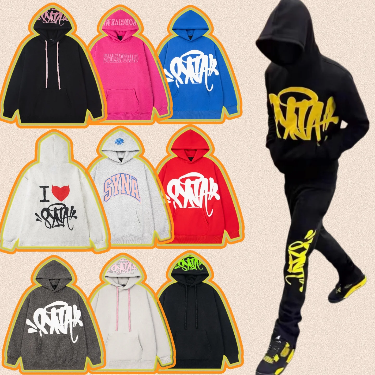 

Syna World American Sle Уличная одежда Fce Толстовка с капюшоном High Street Ретро Спортивные штаны Модный повседневный комплект для мужчин