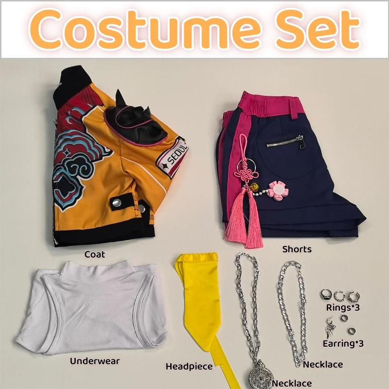 アニメ映画 KPop デーモンハンターズ ルミ・ハントリックス制服ハロウィンコスプレ衣装黄色のジャケットイヤリングショーツ女性女の子