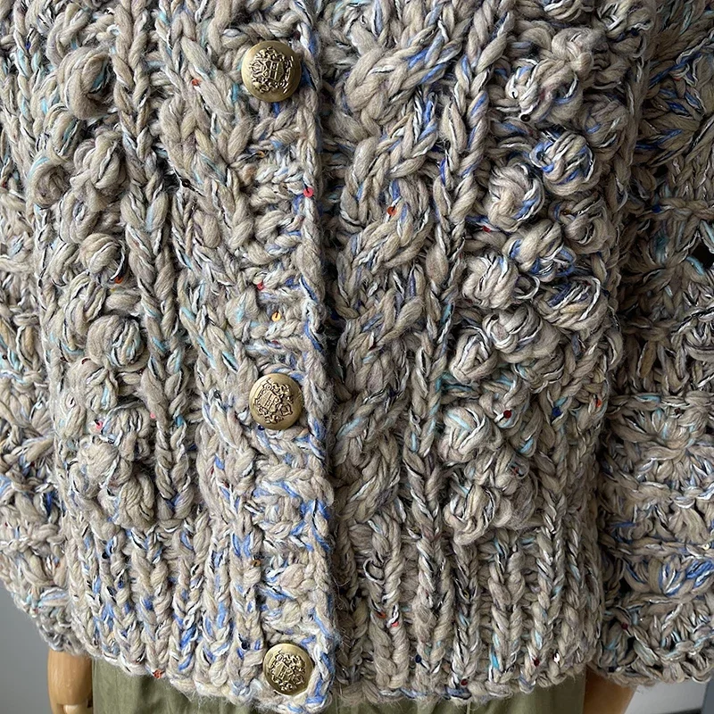 Handmade Chunky Cardigan Women V-Neck Vintage Sweater Coat 2024 Winter Trend Bubble Retro Outwear Chic Knitwear Outfit