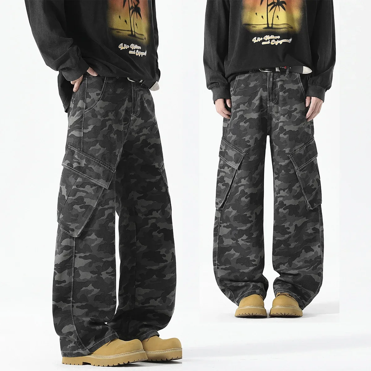 

2025 New Men's American Workwear Camouflage Jeans Men Casual Fashion Loose Straight Leg High Street Pants Autumn New Trend Brand