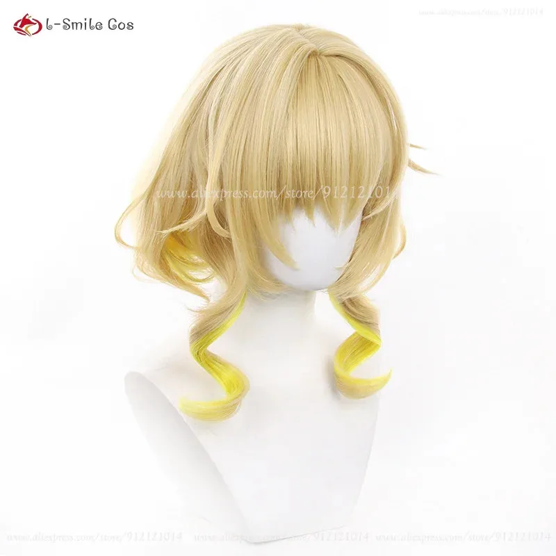 Candy 2025HSR Aglaea Gold Farbverlauf Gelb 35 cm Lockige Perücken Hitzebeständige Synthetische Haar Halloween Anime Cosplay Perücke