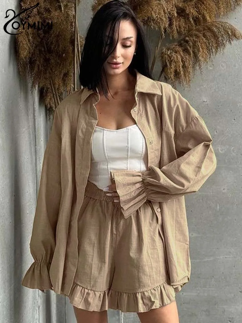 

Oymimi Causal Khaki Cotton Womens 2 Piece Outfit Set Elegant Lapel Long Sleeve Button Shirts And High Waist Ruffled Shorts Sets