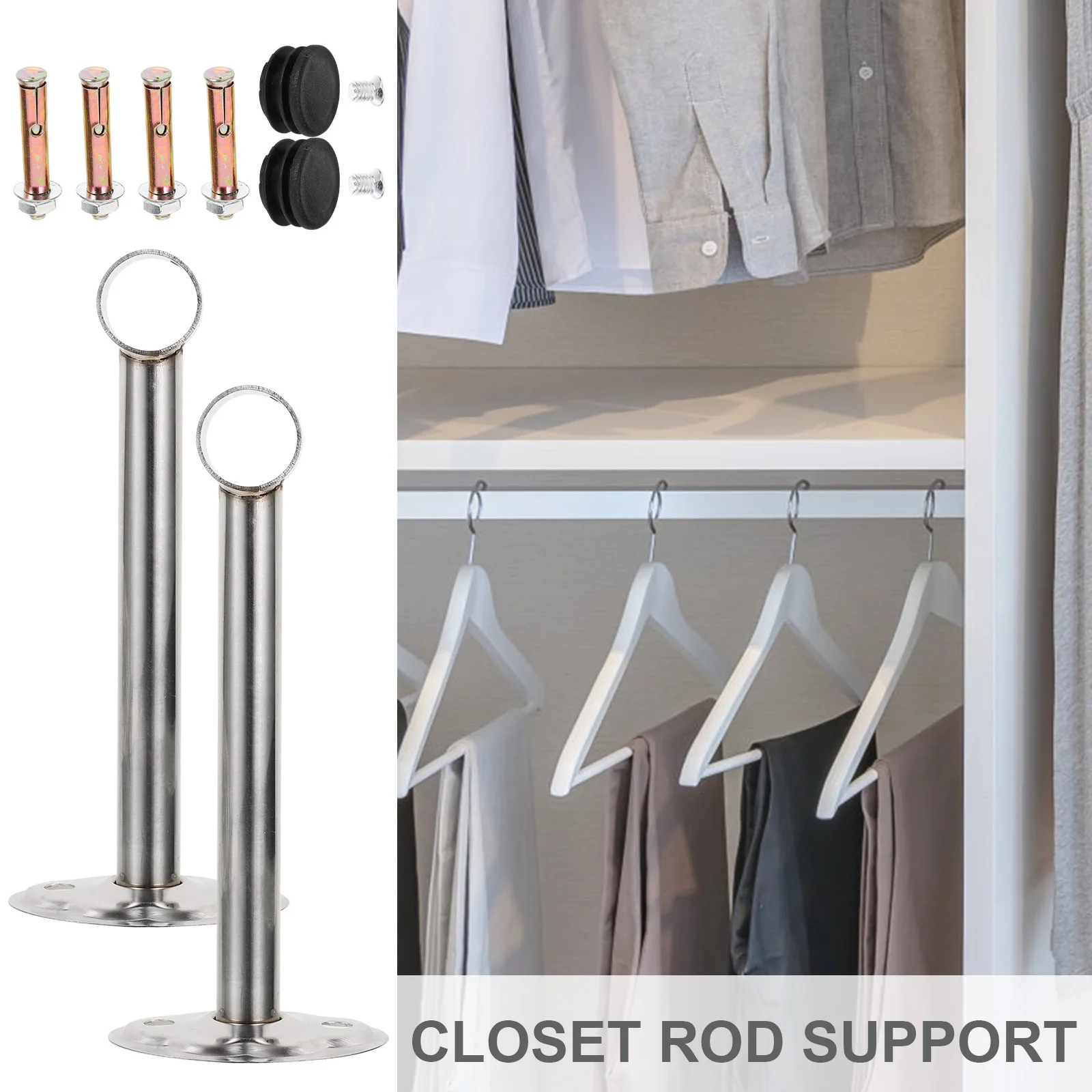 

1Set Clothes Rod Socket Wall Mount Holder Rust Resistant Thick Strong Load Bearing Elegant Silver Color Bathroom Decor