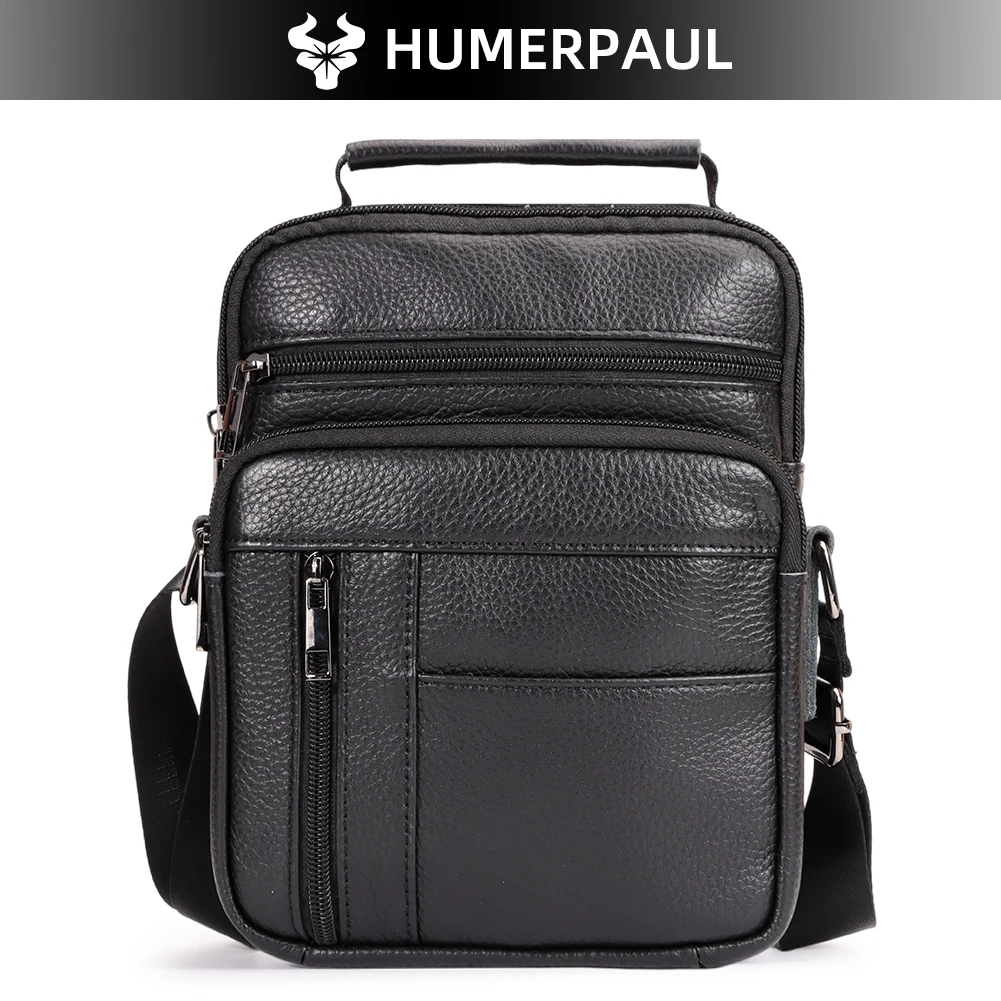 Men Genuine Leather Crossbody Shoulder Bag Multi Zipper Pockets Messenger Handbag With Top Handle Fit iPad Mini For Daily Travel