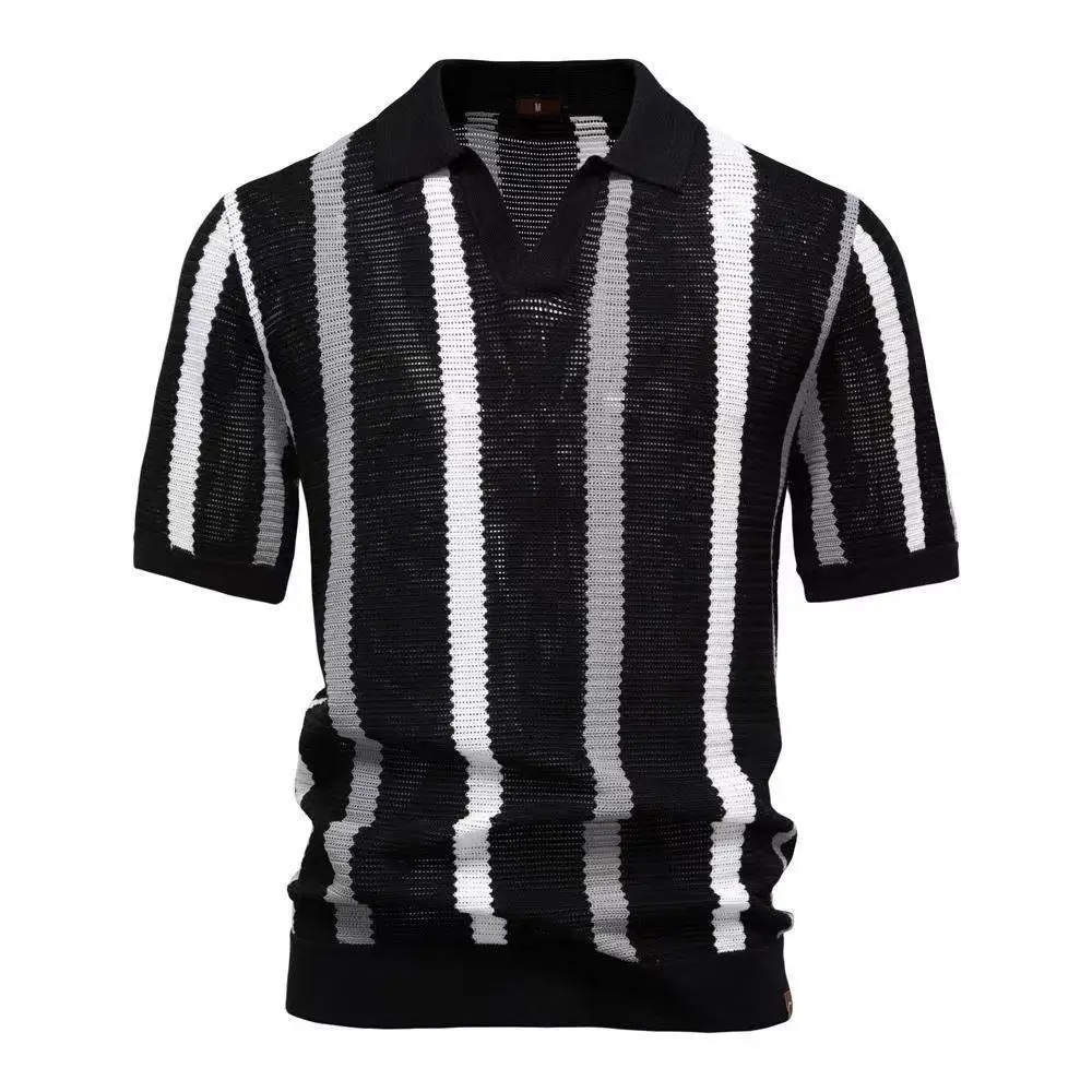 Men's 2026 New Arrival Vintage Striped Knit Polo Shirt Breathable Hollow Out Casual Beach Summer Short Sleeve Top for Men