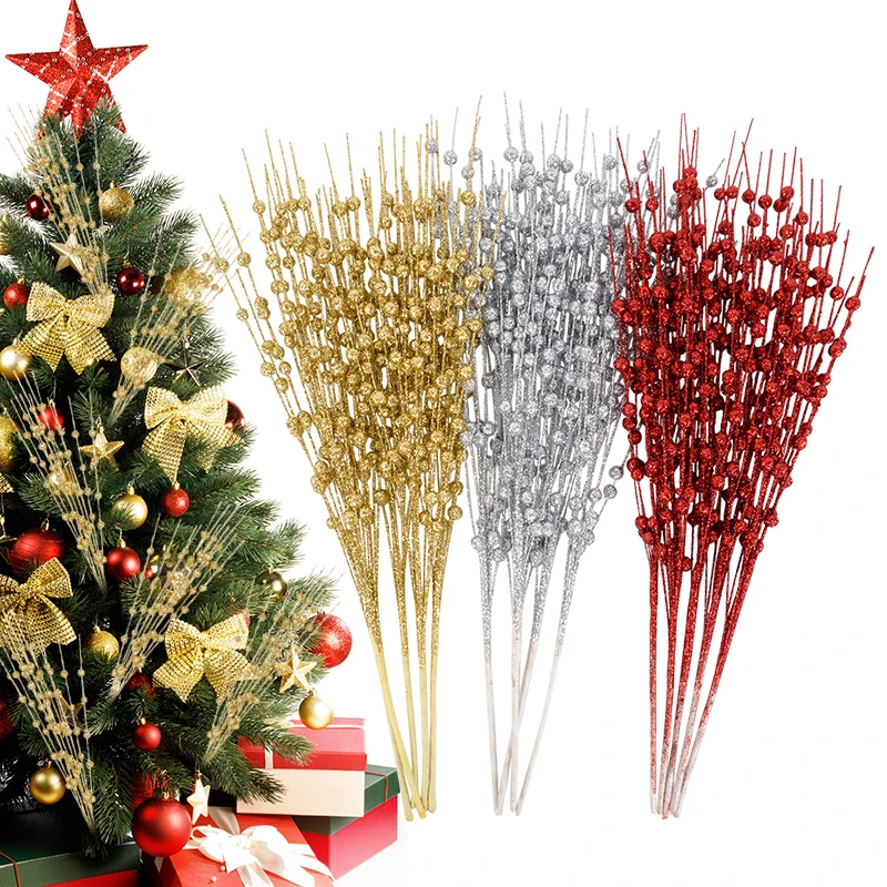 Christmas Decorations Glitter 12Forks/Bunch 43cm Artificial Berry with Stem for Xmas Tree Berry Wreath Wedding DIY Home Decor