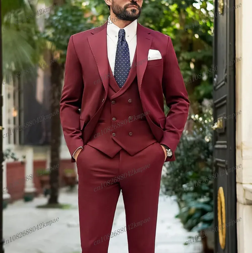 

New Formal Occasion Business Burgundy Men Suit Groom Groomsman Wedding Party Prom Male Tuxedos 3 Piece Set Blazer Vest Pants