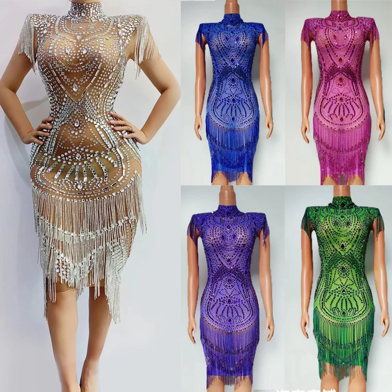 Robe à franges en strass pour femmes, Costume de Jazz, Bar, discothèque, tenue de soirée, vêtements de Festival sur scène