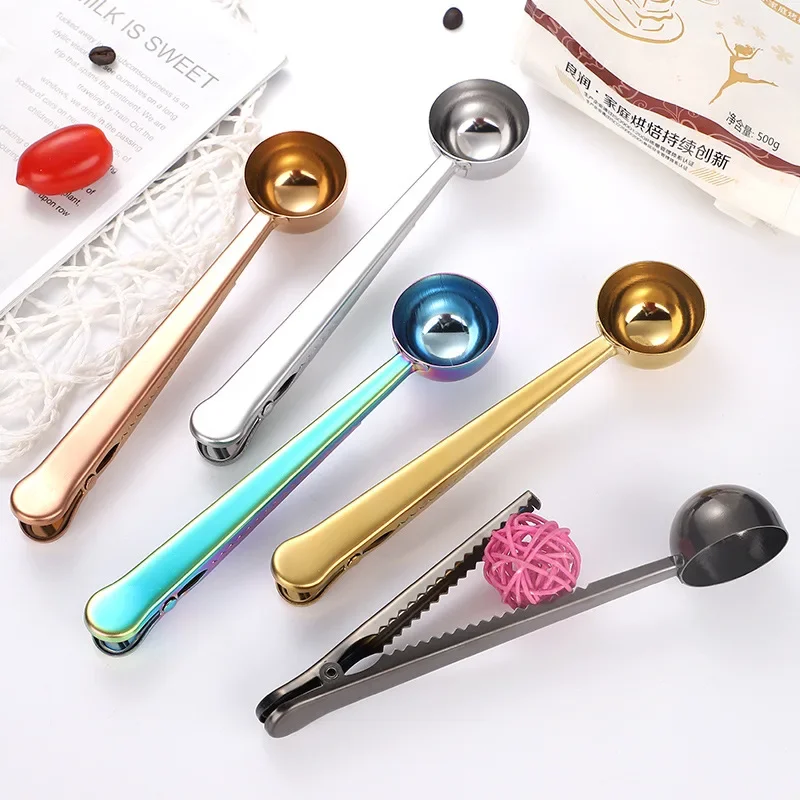 

Coffee Measuring Scoop Spoon Kitchen Dining Restaurant Long Handle Multifunction Sealing Bag Stainless Steel With Clip