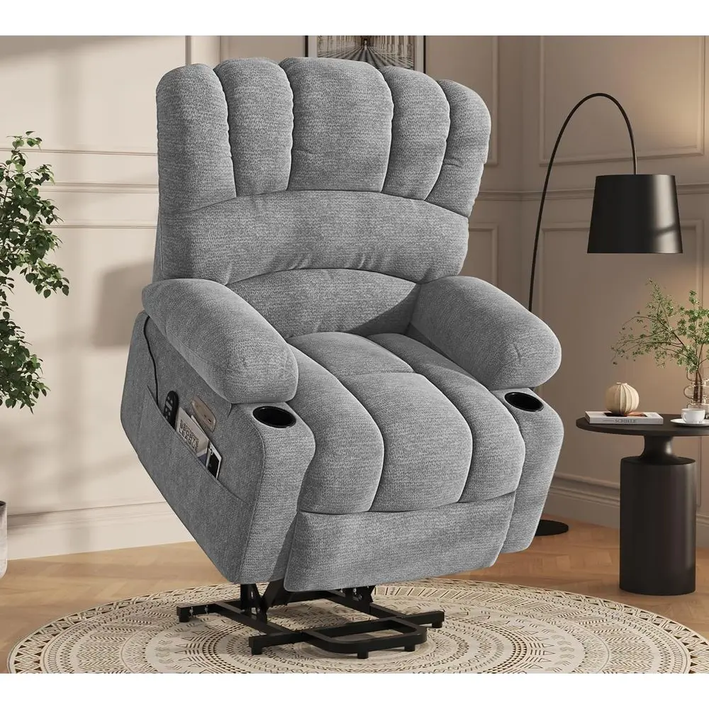 كرسي رفع تدليك كهربائي مع حرارة لكبار السن، مسند ظهر كبير من الشنيل، رمادي فاتح #1