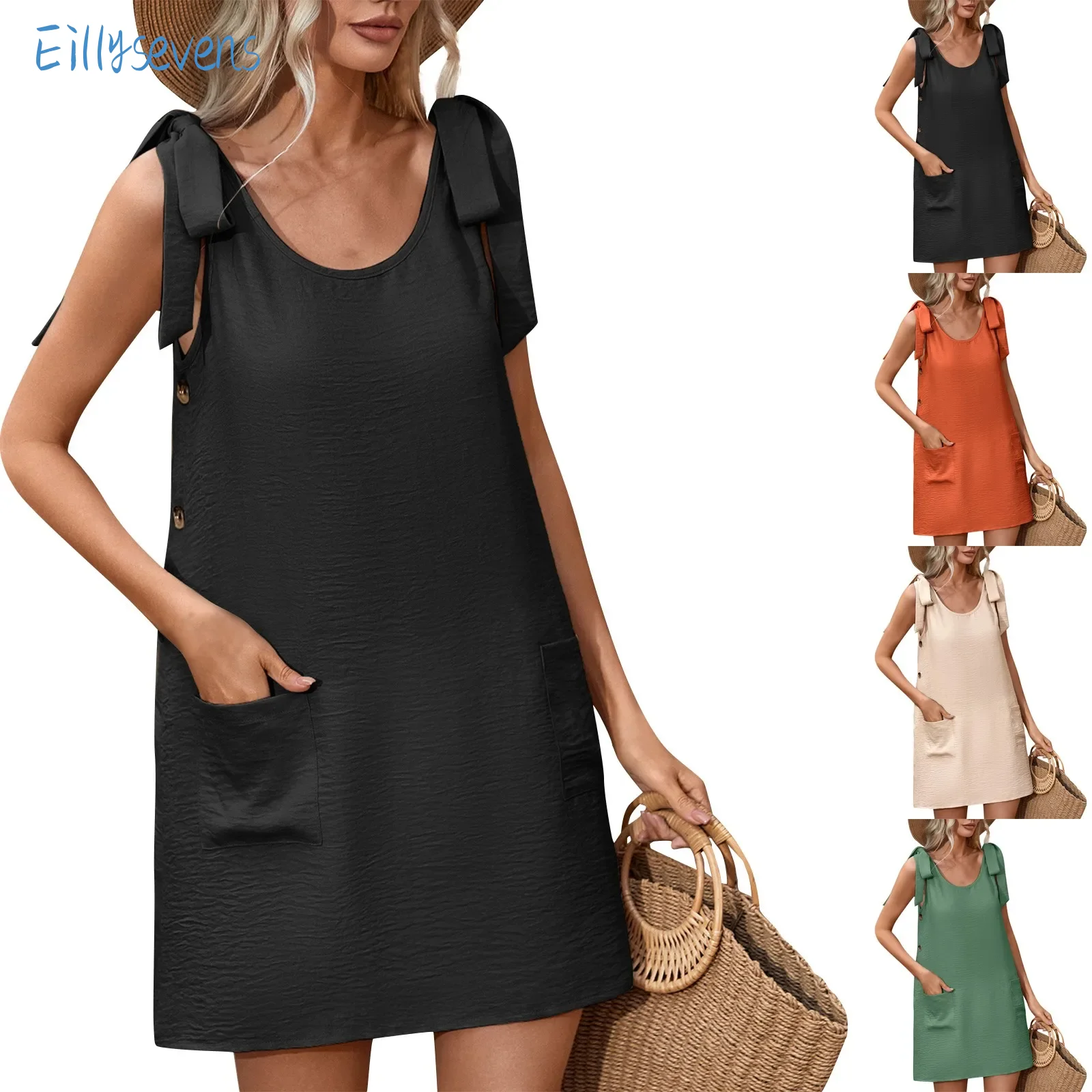 Ladies Fashion Versatile Dresses Elegant Round Neck Sleeveless Off-Shoulder Tank Dress Daily Leisure Vacation Style Loose Dress