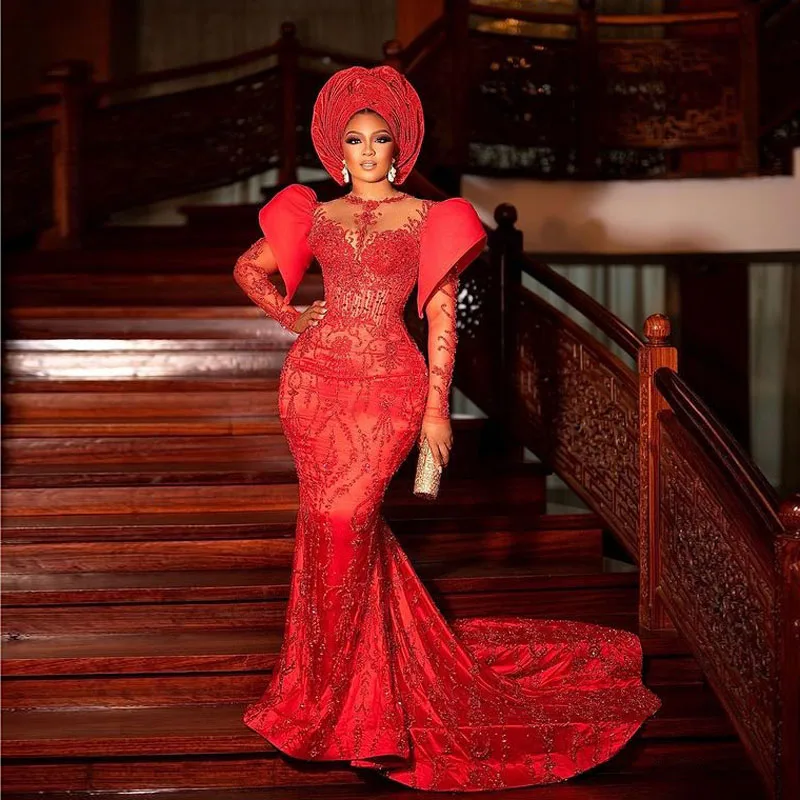 Nigerian African Aso Ebi Evening Dresses Red Mermaid Beading Lace Prom Dress Long Sleeves Luxury Black Women Formal Party Gowns