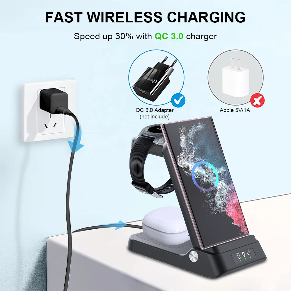 Wireless Charger 3 in 1 For Galaxy Watch 5/5 Pro/4 Fast Charging Station For Samsung Galaxy S23 S22 S21 Foldable Charger Stand