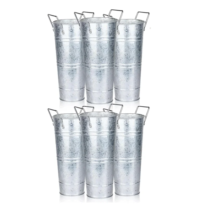 CQMF-6 Pcs Galvanized Bucket Flower Bar,10 Inch Flower Bucket With Handles, Flower Bar Supplies And Buckets Farmhouse Vases