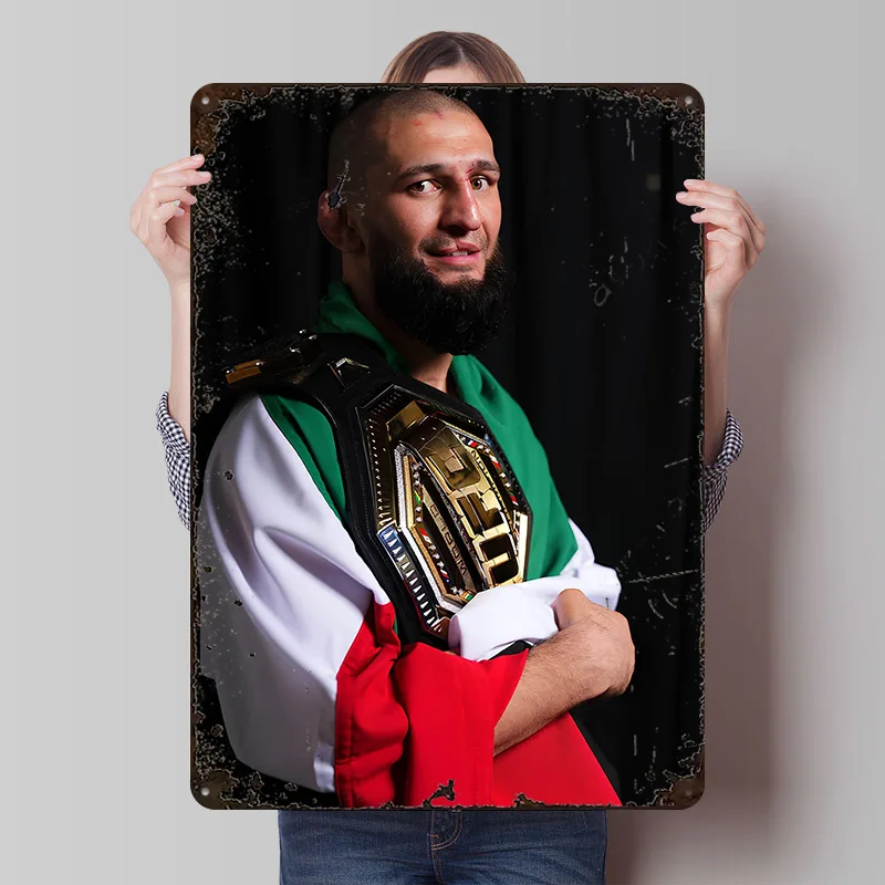 Khamzat Chimaev With Championship Belt Printed Poster Customized Wall Art Retro Vintage Metal Tin Signs for Room Accessories