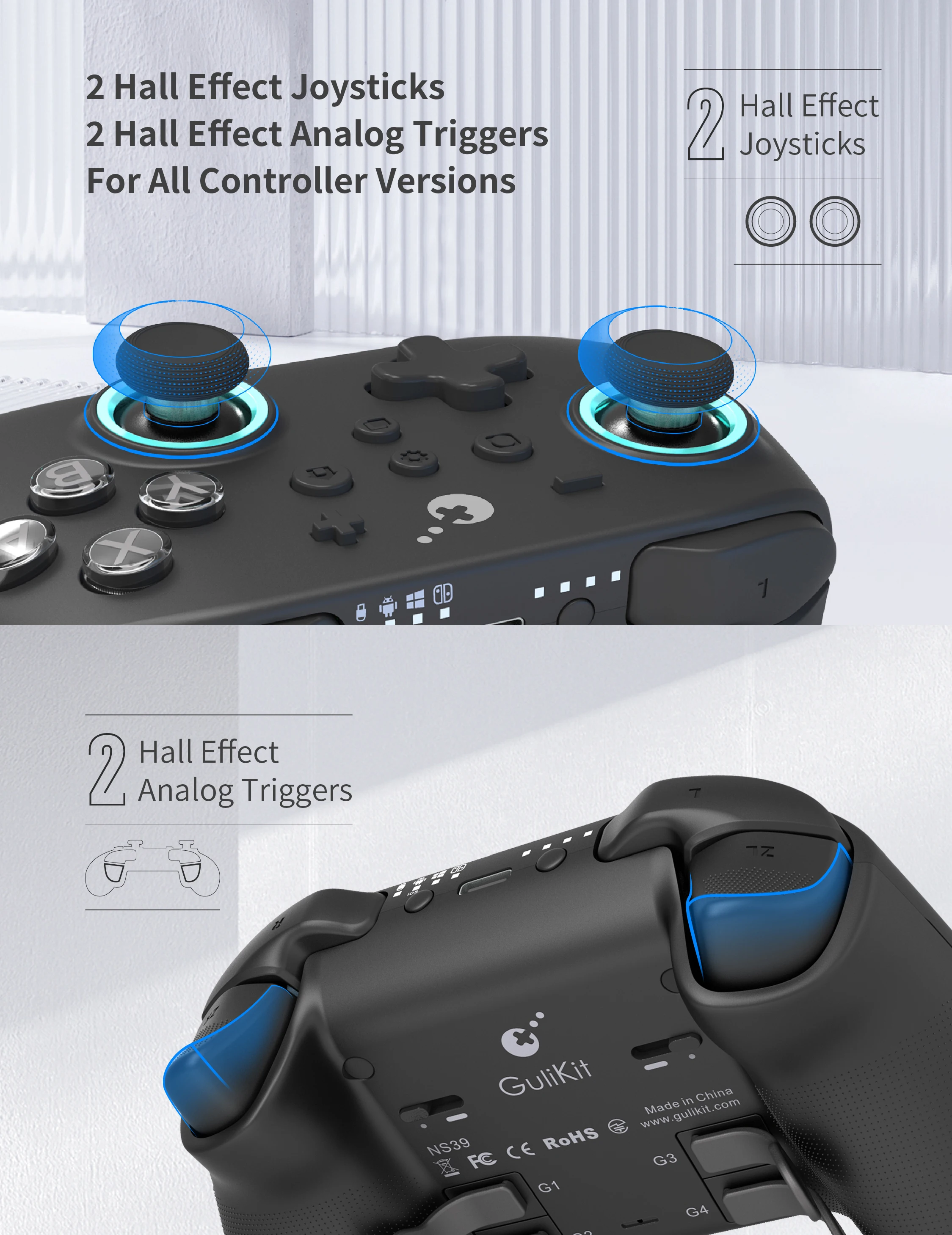 وحدة تحكم GuliKit KK3 MAX KingKong 3 Gamepad مع عصا التحكم ذات تأثير القاعة ومشغلات لنظام التشغيل Windows Nintendo Switch Android iOS