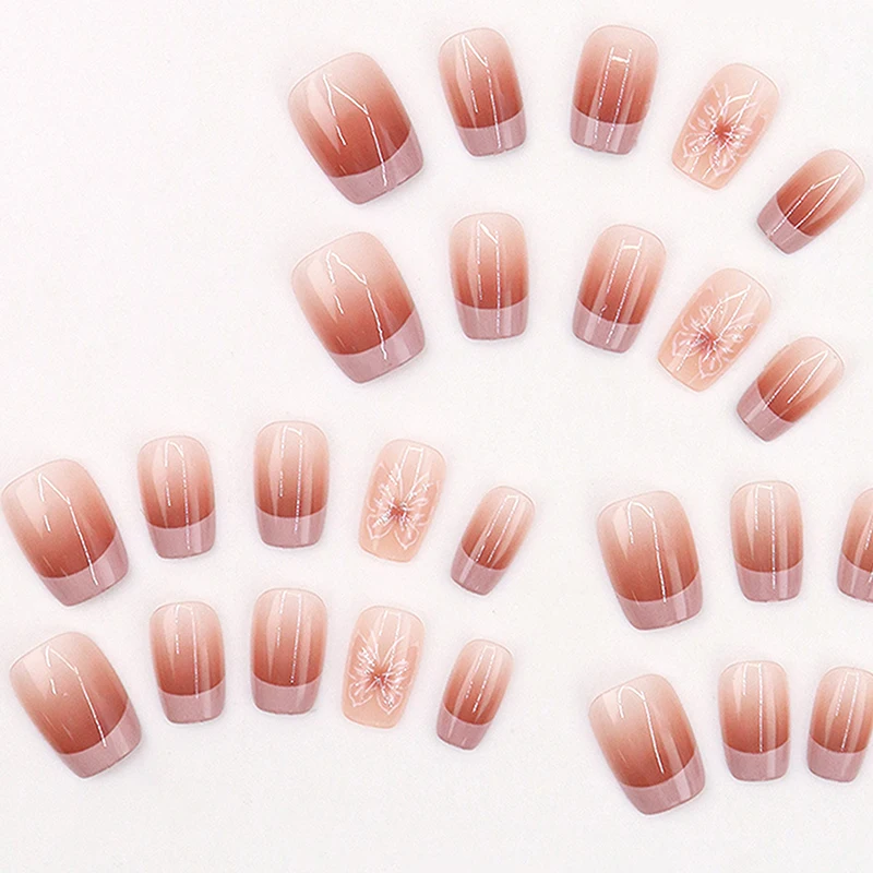 30 pièces rose français papillon court tête carrée presse sur faux ongles avec colle paillettes conception détachable faux ongles