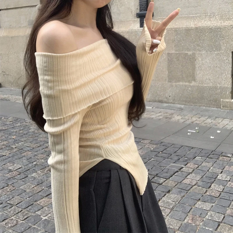 MEXZT Elegant Slash Neck Sweaters Women Irregular Split Knitted Jumpers Korean Slit Solid Basic Slim Pullovers Autumn Knitwear