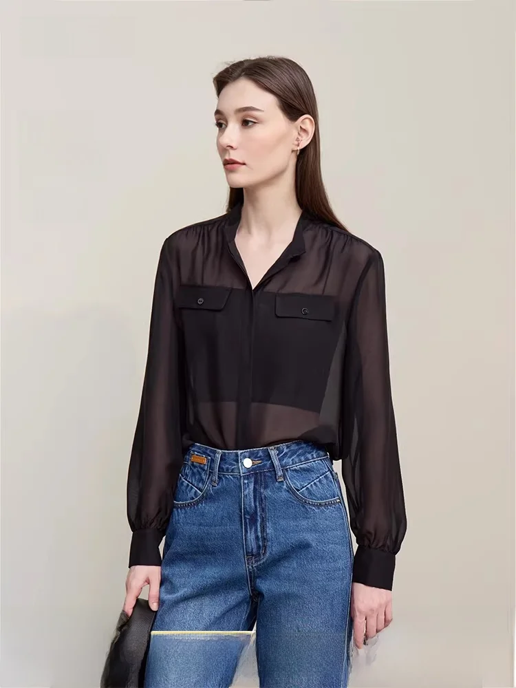 

Bla Silk irt Women's Commute Sle Tie Waist Belted Stand Collar Long Sve Straight Cut Silk Top by i Spring 2026