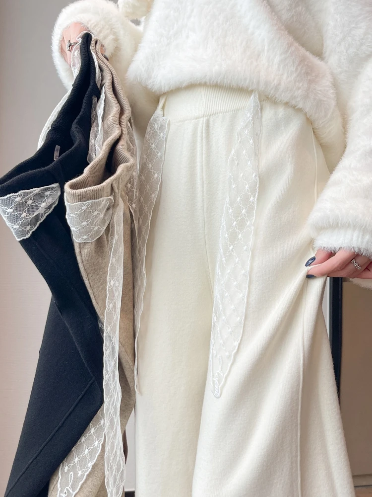 Pantalon tricoté à jambes larges pour femmes, taille haute, élastique, amincissant, décontracté, polyvalent, jambes droites, automne et hiver