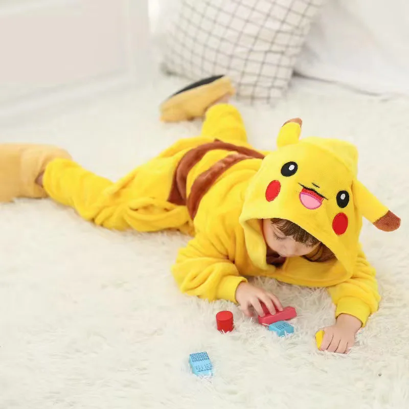 Smile Pikachu Costume For Boys Girls Pokemon Onesie Winter Pajama Flannel Warm Suit Kigurumis