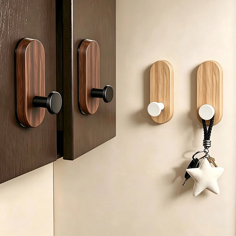 Walnut Wood No Drilling Self Adhesive Wall Hooks, Wall Utility Hook for Towel Clothes Blanket Hat Backpack Coat Keychain