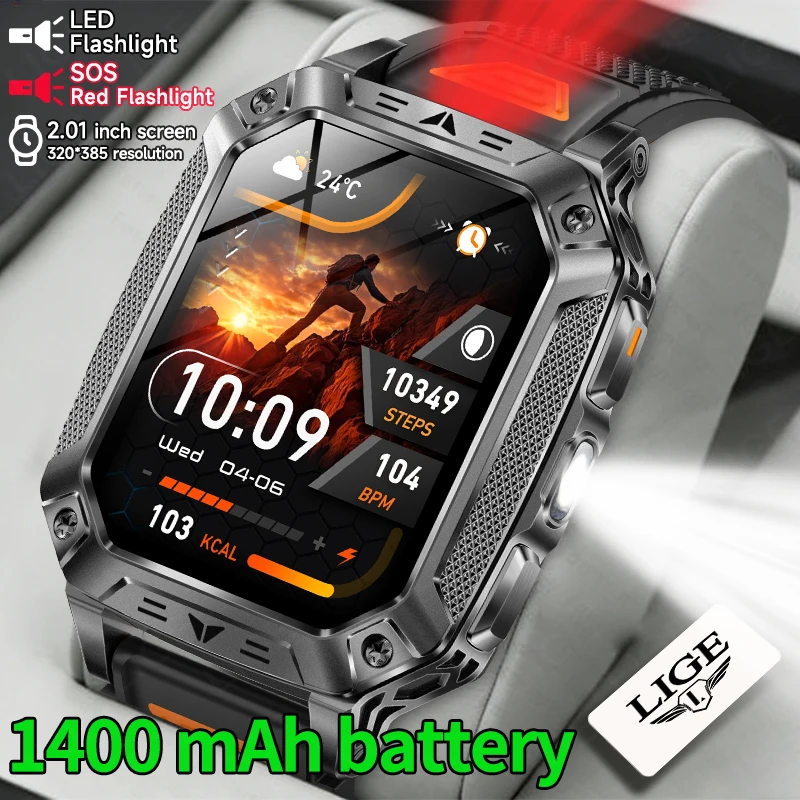 

Новые смарт-часы LIGE с аккумулятором 1400 мАч для активного отдыха, водонепроницаемые (5ATM), с фонариком, Bluetooth-звонками, мониторингом здоровья, военные смарт-часы