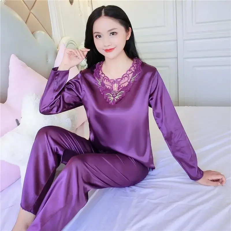 Large size pajamas for women, spring and autumn styles, ice silk thin style, sexy long sleeved home clothing set, summer