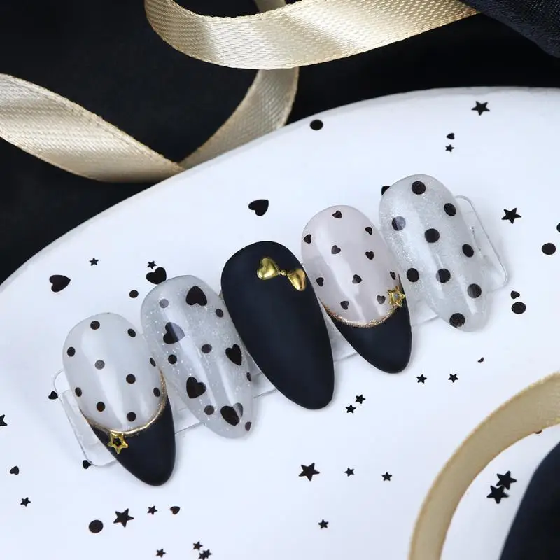 

Набор из 6 сеток с круглыми черными блестками для ногтей, винтажные украшения для маникюра в форме звезд и сердец, блестящие аксессуары для декора ногтей