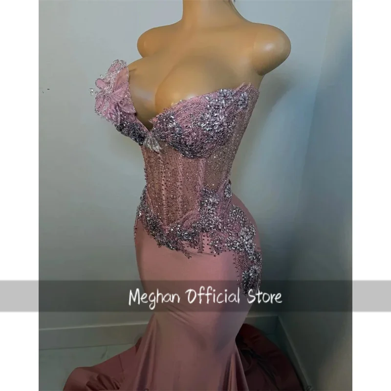 Rosa longo vestidos de baile brilhante frisado cristal vestido de noite 3d flores vestidos de festa de aniversário personalizado robe de bal