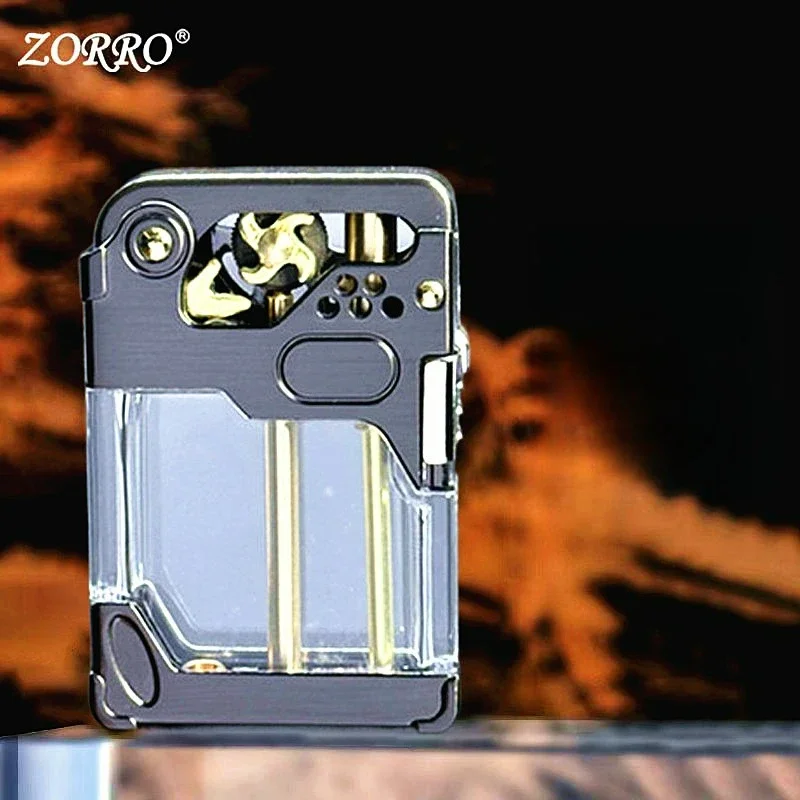 

New ZORRO Armor Wind And Fire Wheel Transparent Oil Tank High End One Click Launch Ignition Windproof Fuel Oil Lighter Safety Lo
