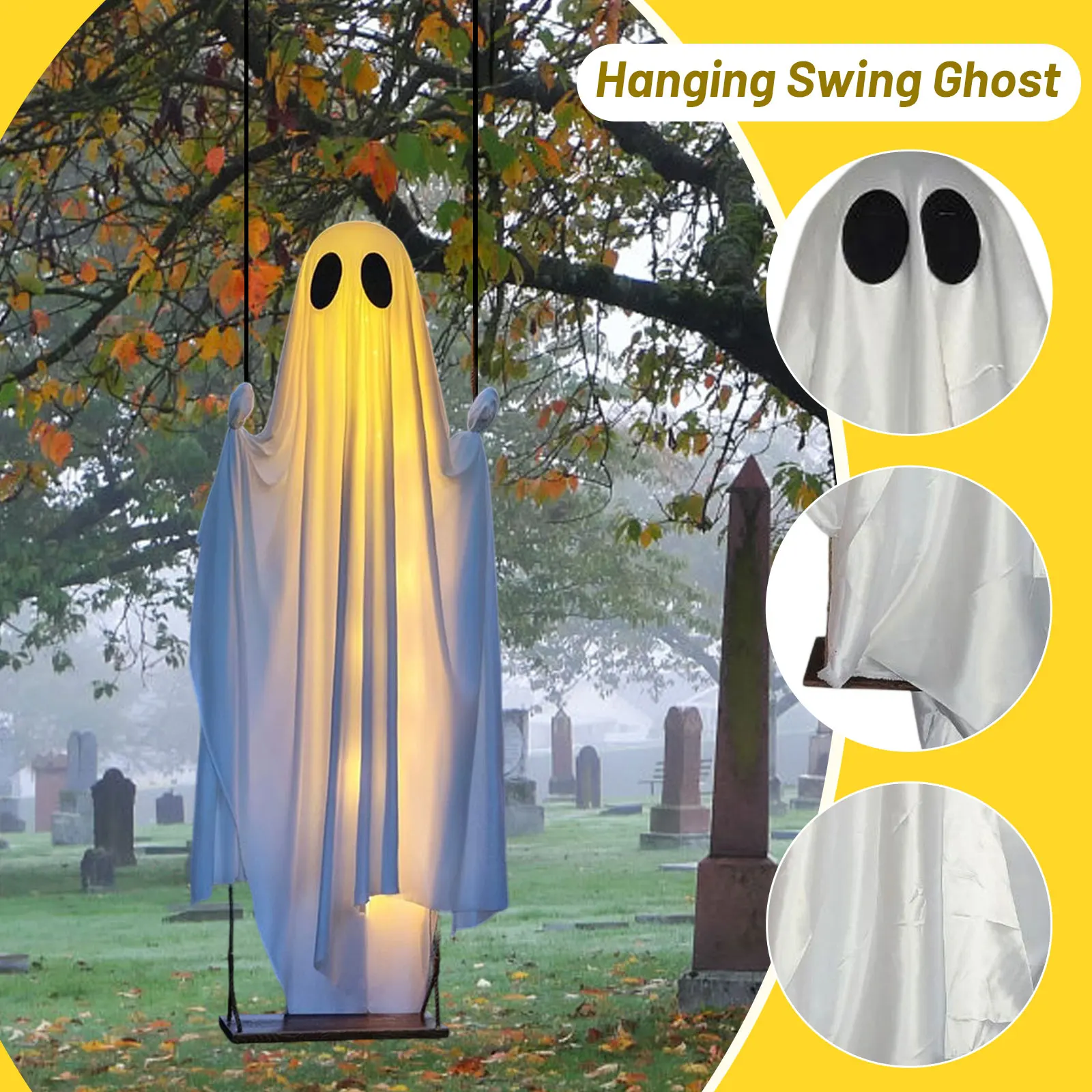 ديكور الهالوين الخارجي أرجوحة معلقة لتزيين الهالوين مع أضواء سلسلة ديكور لطيف لشجرة فناء الشرفة الأمامية