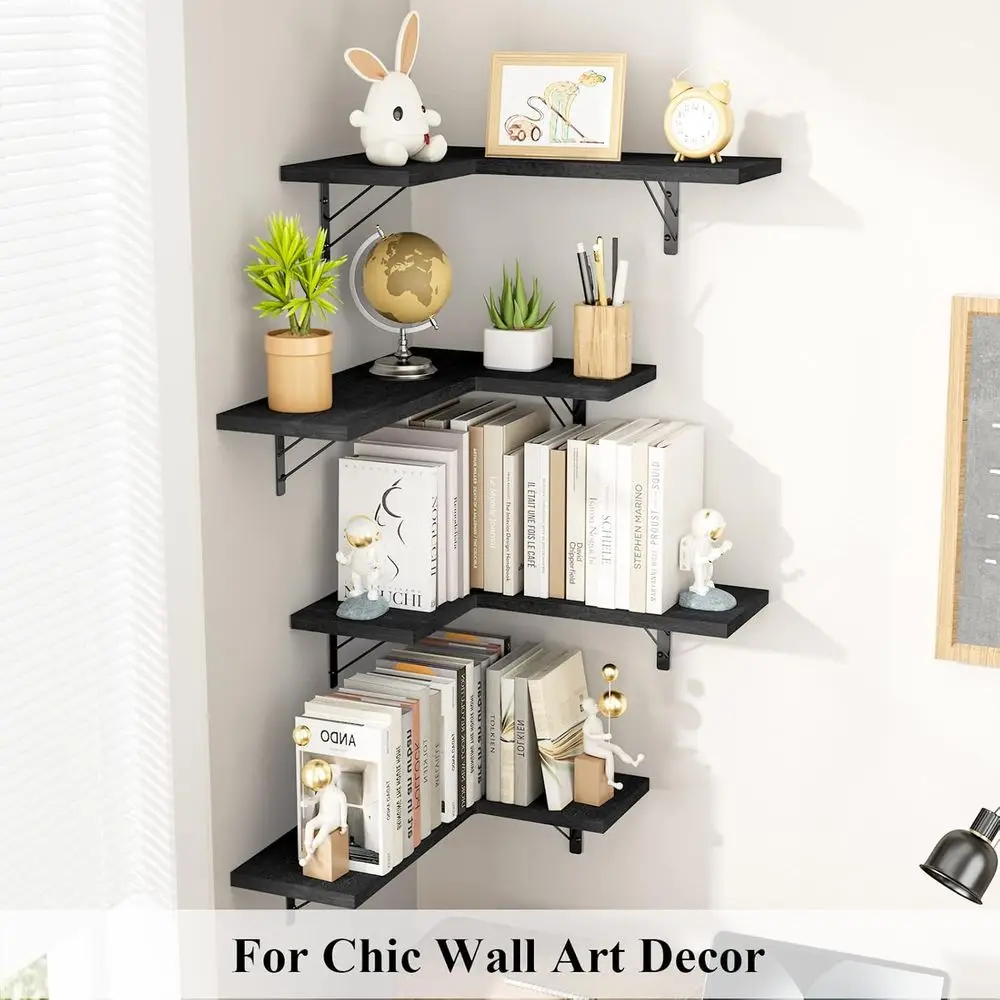Rustic Wall-Mounted Corner Shelves, Set of 4, Black, for Home Storage and Display