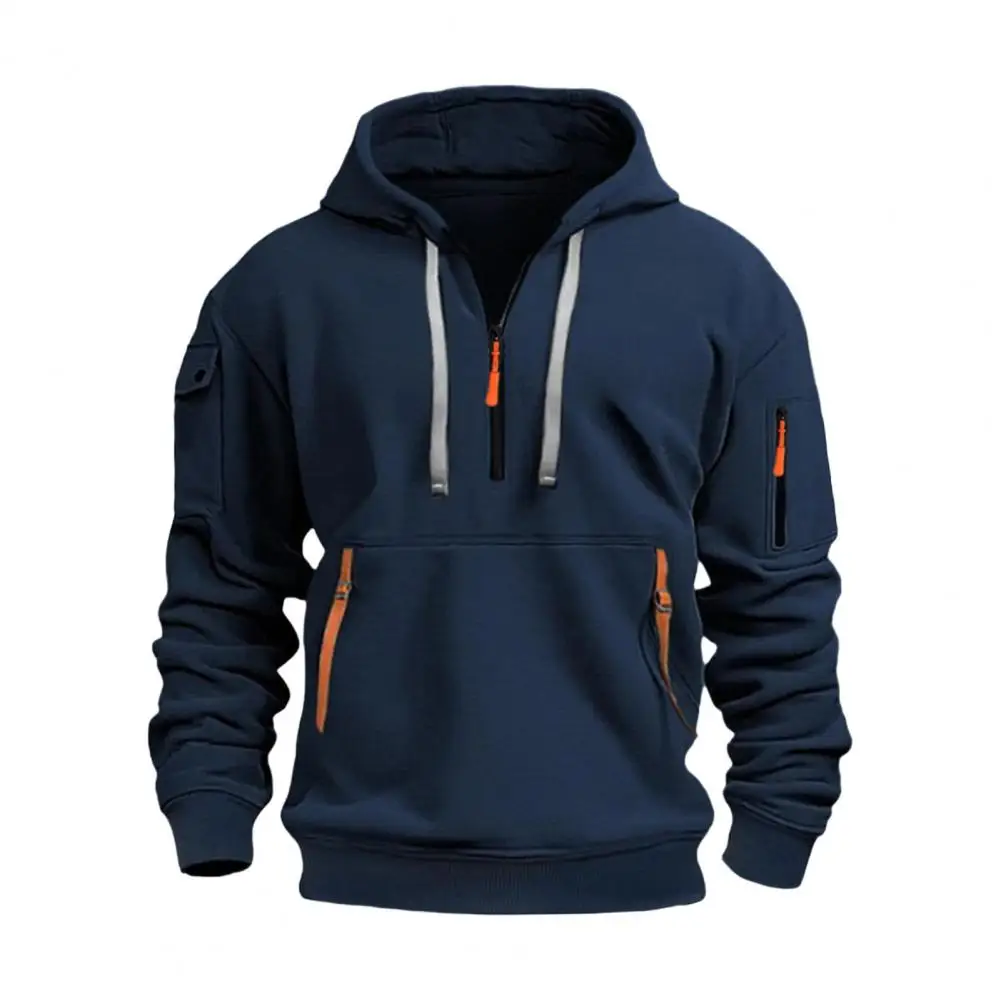 Men Solid Color Hoodie Men's Fall Winter Hoodie with Arm Pocket Strap Decor Casual Sport Top for Daily Wear Half Zipper Men