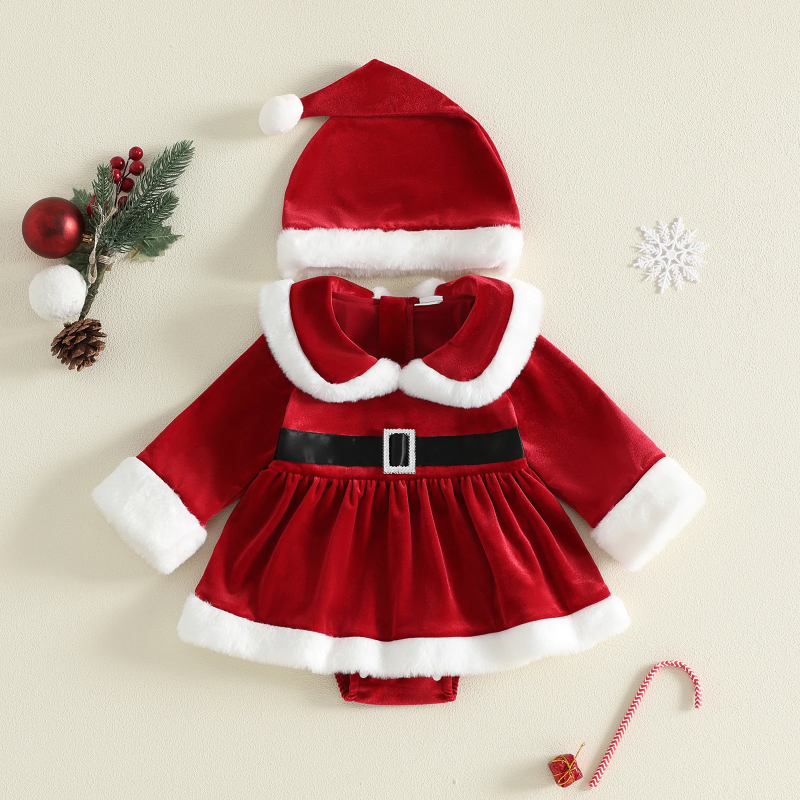 Newborn Baby Girl Xmas Outfit Winter Clothes Santa Long Sleeve Velvet Romper Dress Xmas Princess Dress My First Christmas Outfit