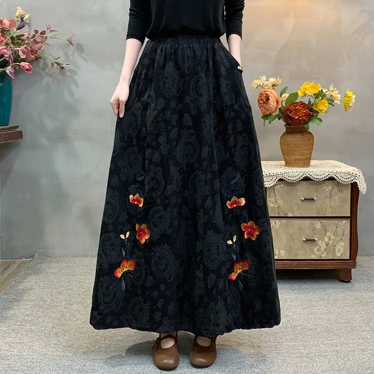 

Ele Embroidered Cotton Linen Skirt High Waist Elastic Waist Long Skirt National Sle Women's Faion Autumn Wear