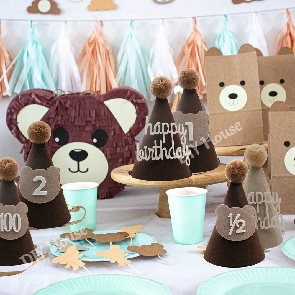 Vintage Non-Woven Bear Hat Carton Bear Paper Banners Confetti For Kids Bear Theme Happy Birthday Party Decorations DIY Gifts